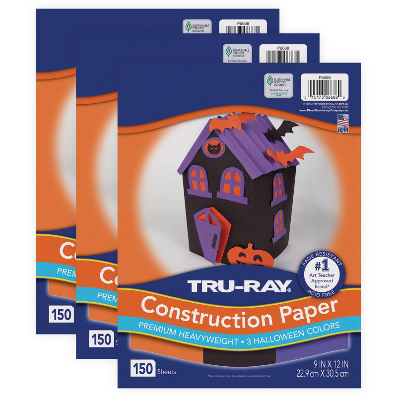 TRU-RAY - Construction Paper Halloween, Black, Orange, Purple, 9" x 12", 150 Sheets Per Pack, 3 Packs