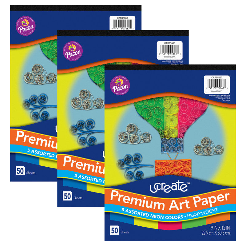 UCREATE - Premium Neon Art Paper Pad, 5 Assorted Colors, 9" x 12", 50 Sheets, Pack of 3