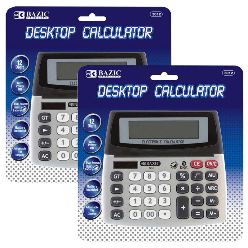BAZIC PRODUCTS - 12-Digit Dual Power Desktop Calculator with Adjustable Display, Pack of 2