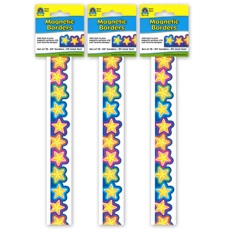 TEACHER CREATED RESOURCES - Magnetic Borders, Neon Stars, 24 Feet Per Pack, 3 Packs