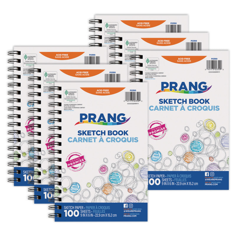 PRANG - Sketch Book, Lightweight, 9" x 6", 100 Sheets, Pack of 6