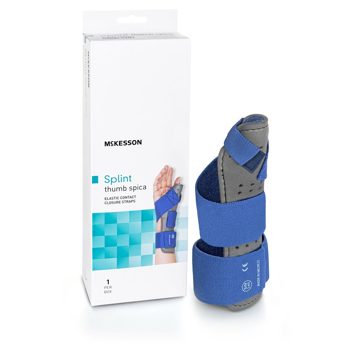 McKesson Brand - Wrist Brace with Thumb Spica McKesson Palmar Pad Aluminium / Foam / Nylon / Plastic / Polyester Left Hand Blue / Gray Large / X-Large [1/EA]