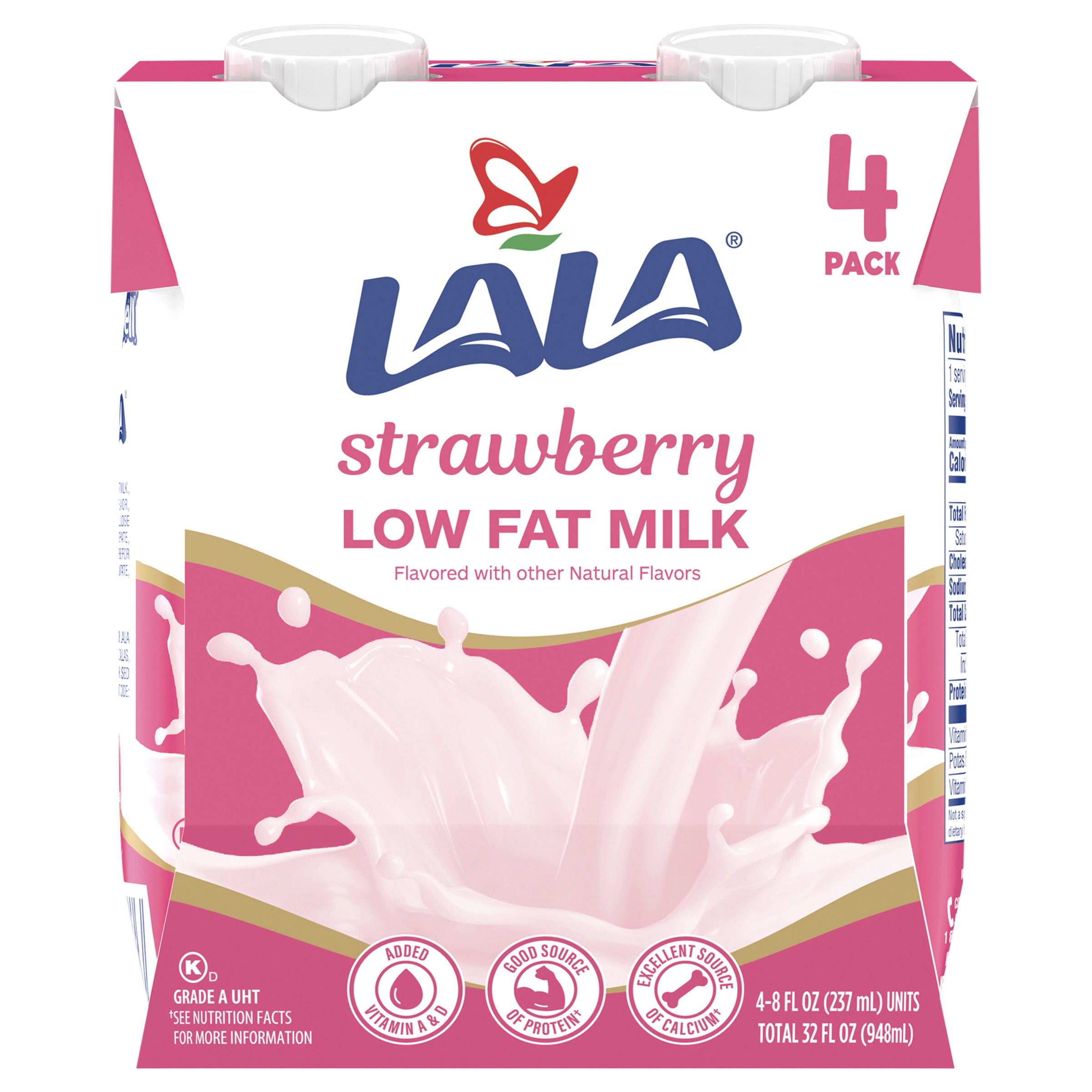 Lala Low Fat Strawberry Milk 4 - 8 fl oz Packs - Case of 6