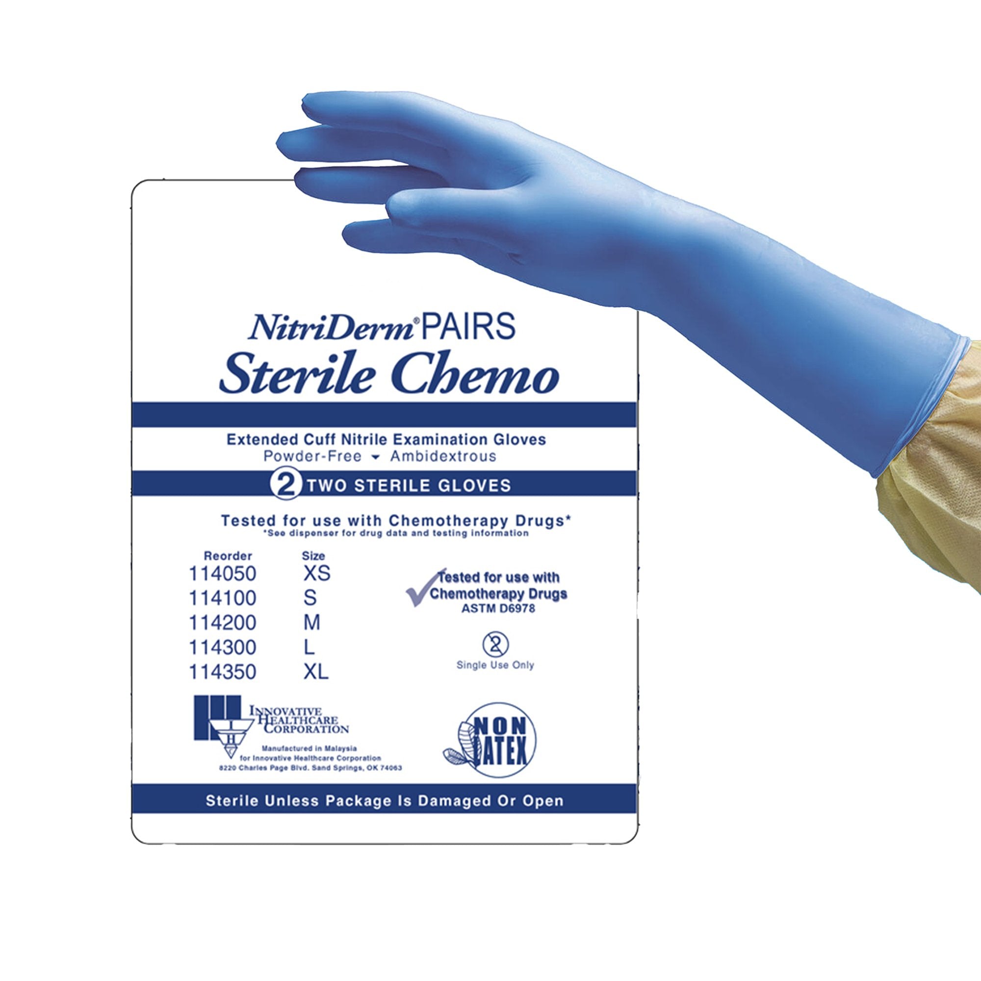 Innovative Healthcare Corp - Exam Glove NitriDerm® EC Medium Sterile Pair Nitrile Extended Cuff Length Smooth Blue Chemo Tested [50/BX]