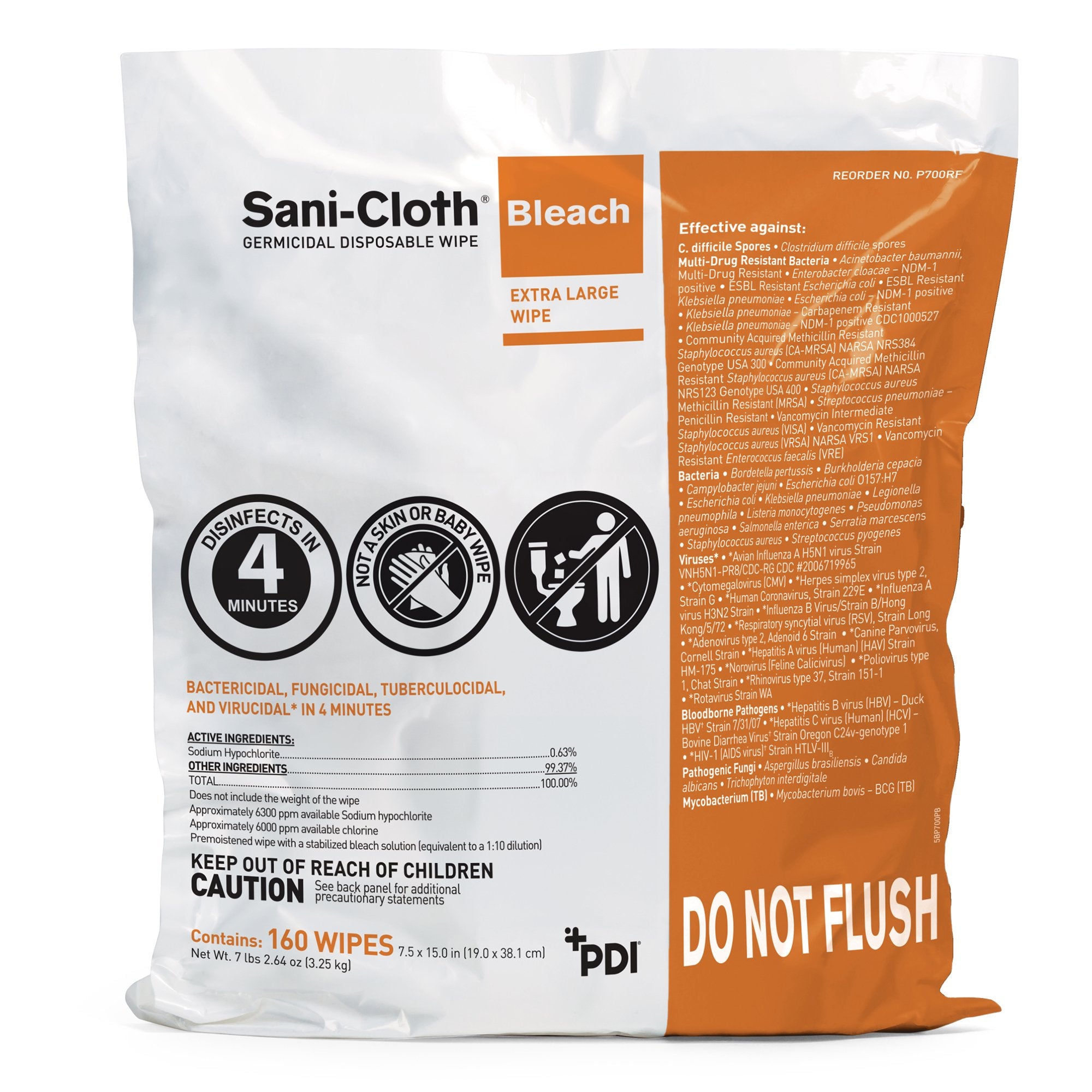 Professional Disposables - Sani-Cloth® Bleach Surface Disinfectant Cleaner Refill Premoistened Germicidal Manual Pull Wipe 160 Count Bag Chlorine Scent NonSterile [2/CS]