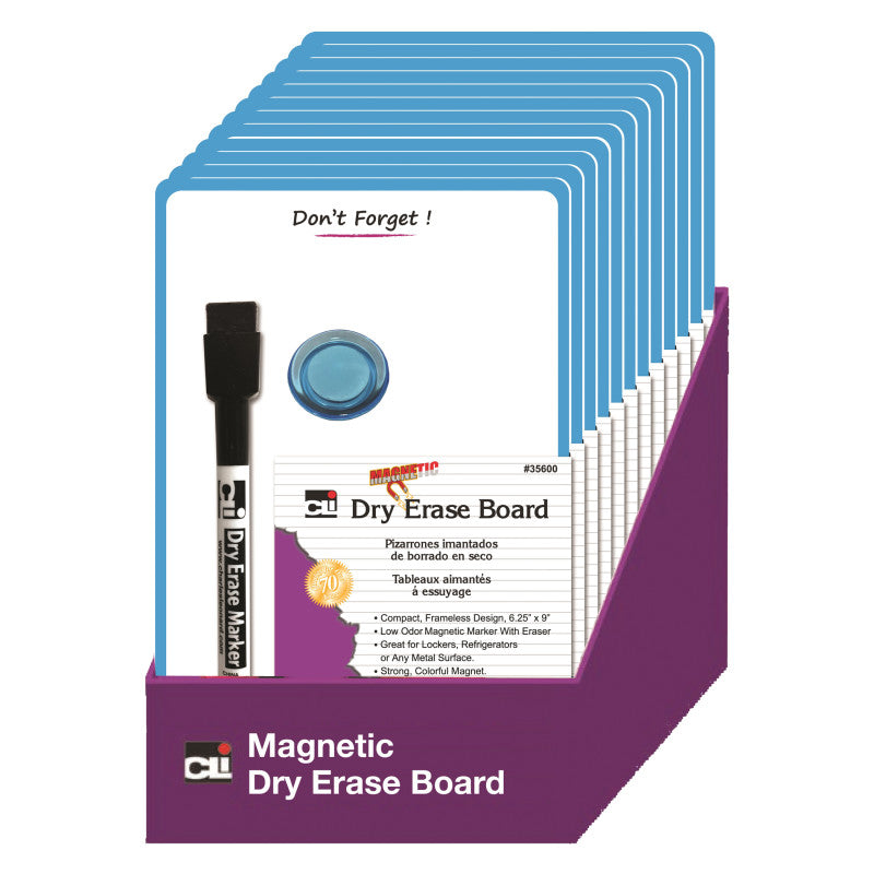 CHARLES LEONARD - Magnetic Mini Dry Erase Boards, 6-1/4" x 9", Marker w/Eraser and 1 Magnet, Blue Frame, Pack of 12