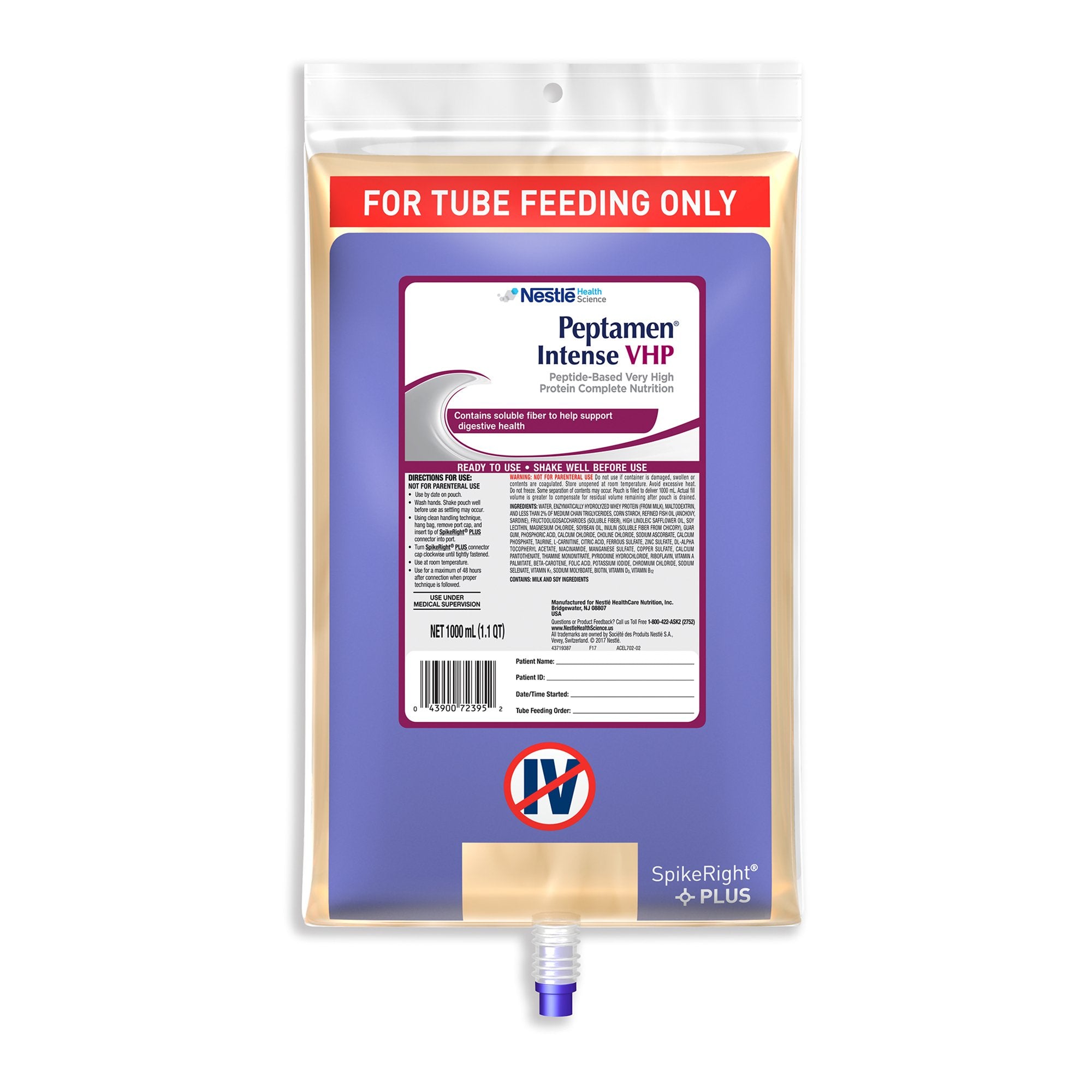 Nestle Healthcare Nutrition - Tube Feeding Formula Peptamen® Intense VHP Unflavored Liquid 1000 mL Ready to Hang Prefilled Container [6/CS]