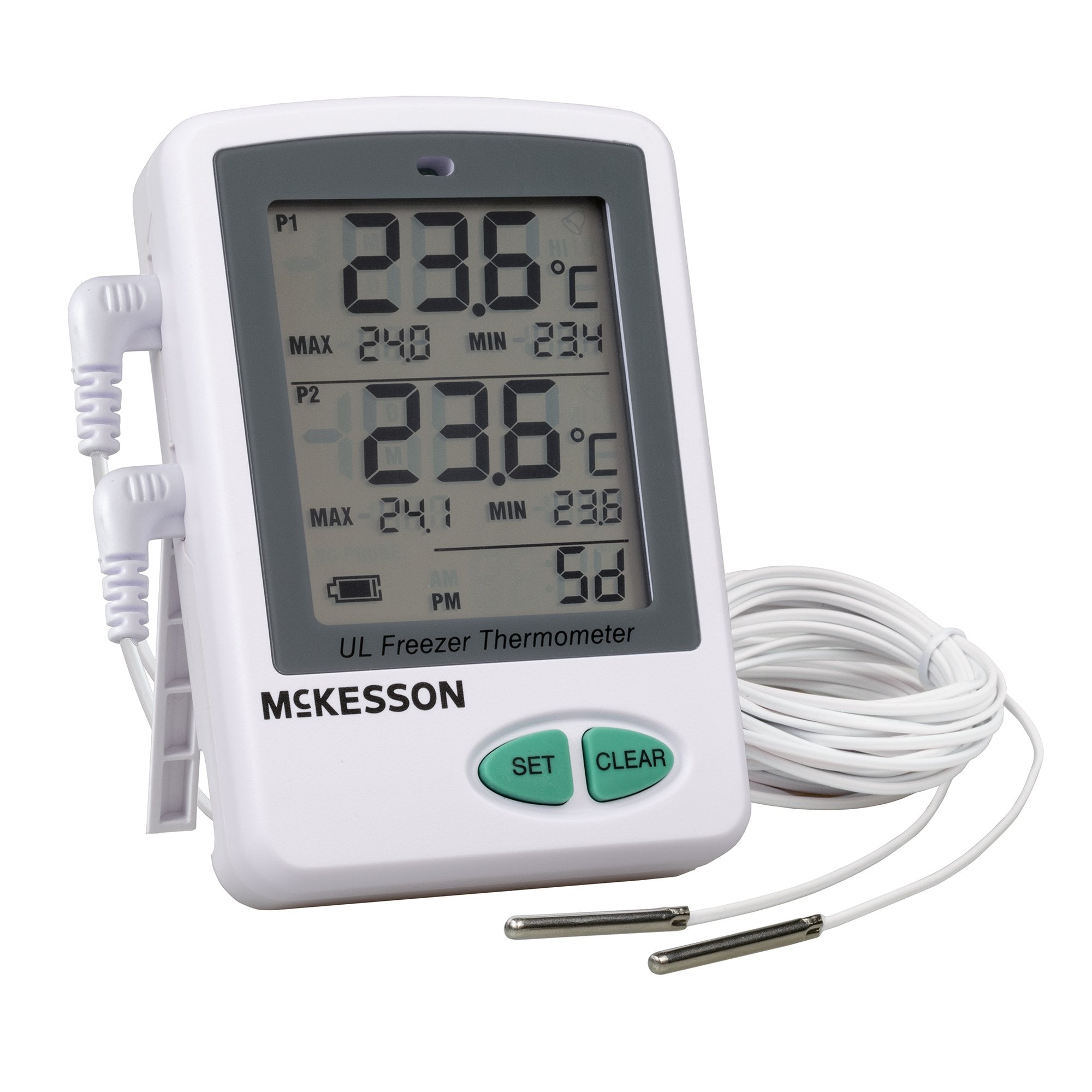 McKesson Brand - Ultra-Low Temperature Data Logger with Alarm McKesson Fahrenheit / Celsius -112° to +158°F (-80° to +70°C) 2 Stainless Steel Probes Flip-out Stand Battery Operated [1/EA]