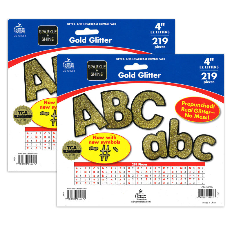 CARSON DELLOSA EDUCATION - Sparkle + Shine Gold Glitter Combo Pack EZ Letters, 4-inch, 219 Pieces Per Pack, 2 Packs
