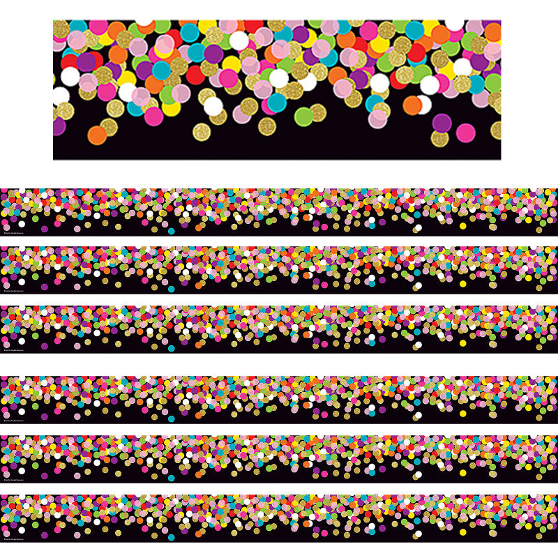TEACHER CREATED RESOURCES - Colorful Confetti on Black Straight Border Trim, 35 Feet Per Pack, 6 Packs