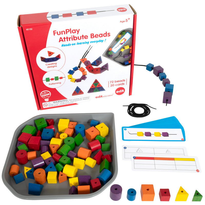 EDXEDUCATION - FunPlay Attribute Beads - 72 Wooden Lacing Beads + 2 Laces + 40 Activities + Messy Tray