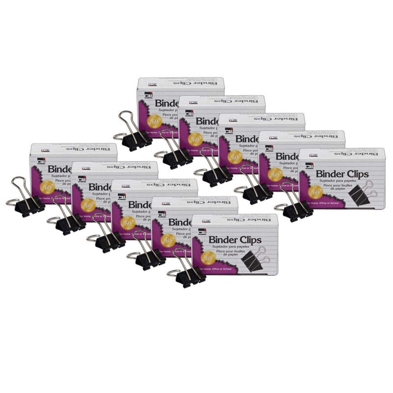 CHARLES LEONARD - Binder Clips, Large, 1" Capacity, Black/Silver, 12 Per Box, 10 Boxes