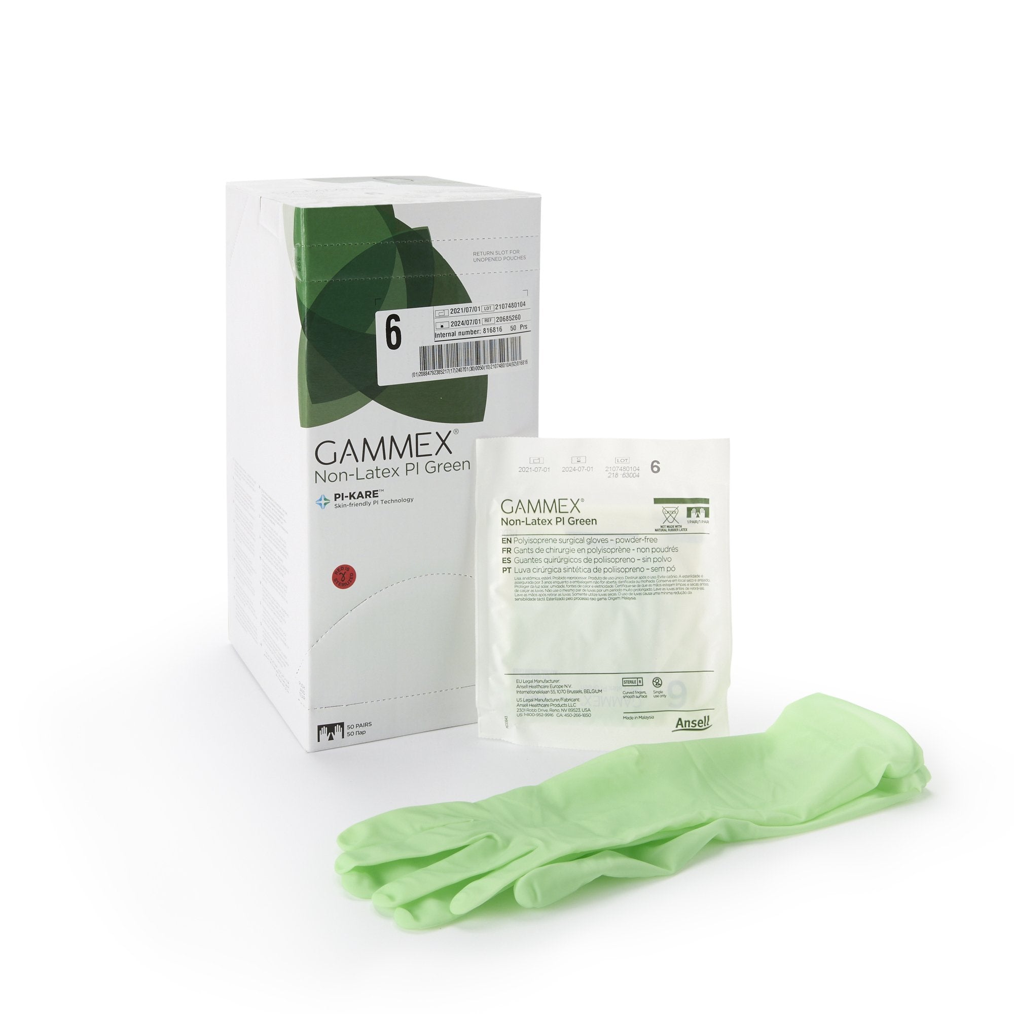 Ansell - Surgical Glove GAMMEX® Non-Latex PI Green Size 6 Sterile Polyisoprene Standard Cuff Length Micro-Textured Light Green Chemo Tested [50/BX]