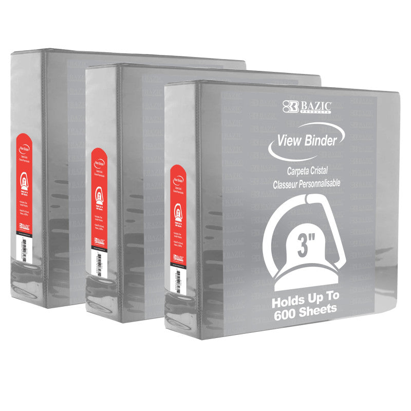 BAZIC PRODUCTS - Slant D Ring View Binder with 2 Pockets, 3", Gray, Pack of 3