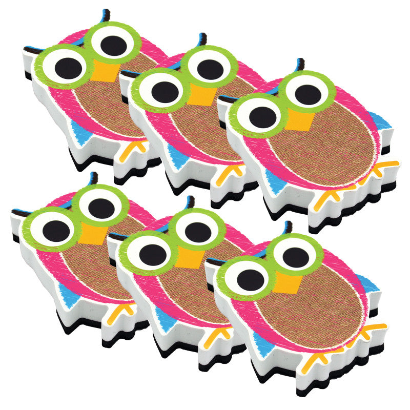 ASHLEY PRODUCTIONS - Magnetic Whiteboard Eraser, Burlap Scribble Owl, Pack of 6