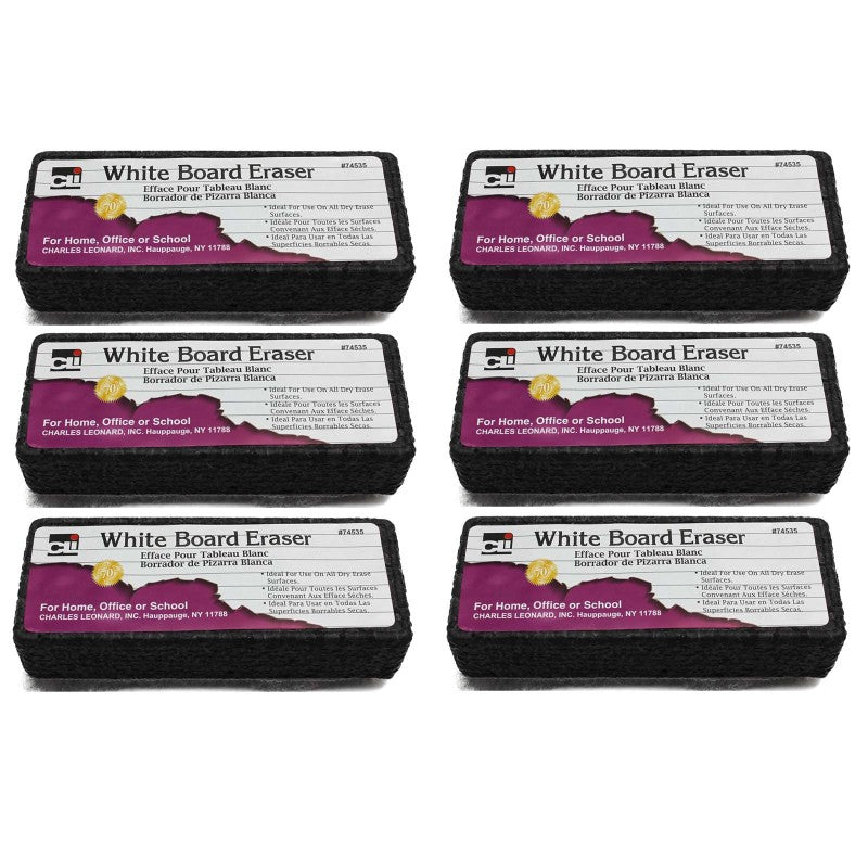 CHARLES LEONARD - Whiteboard Eraser, Felt/Foam, Gray and Black, Pack of 6