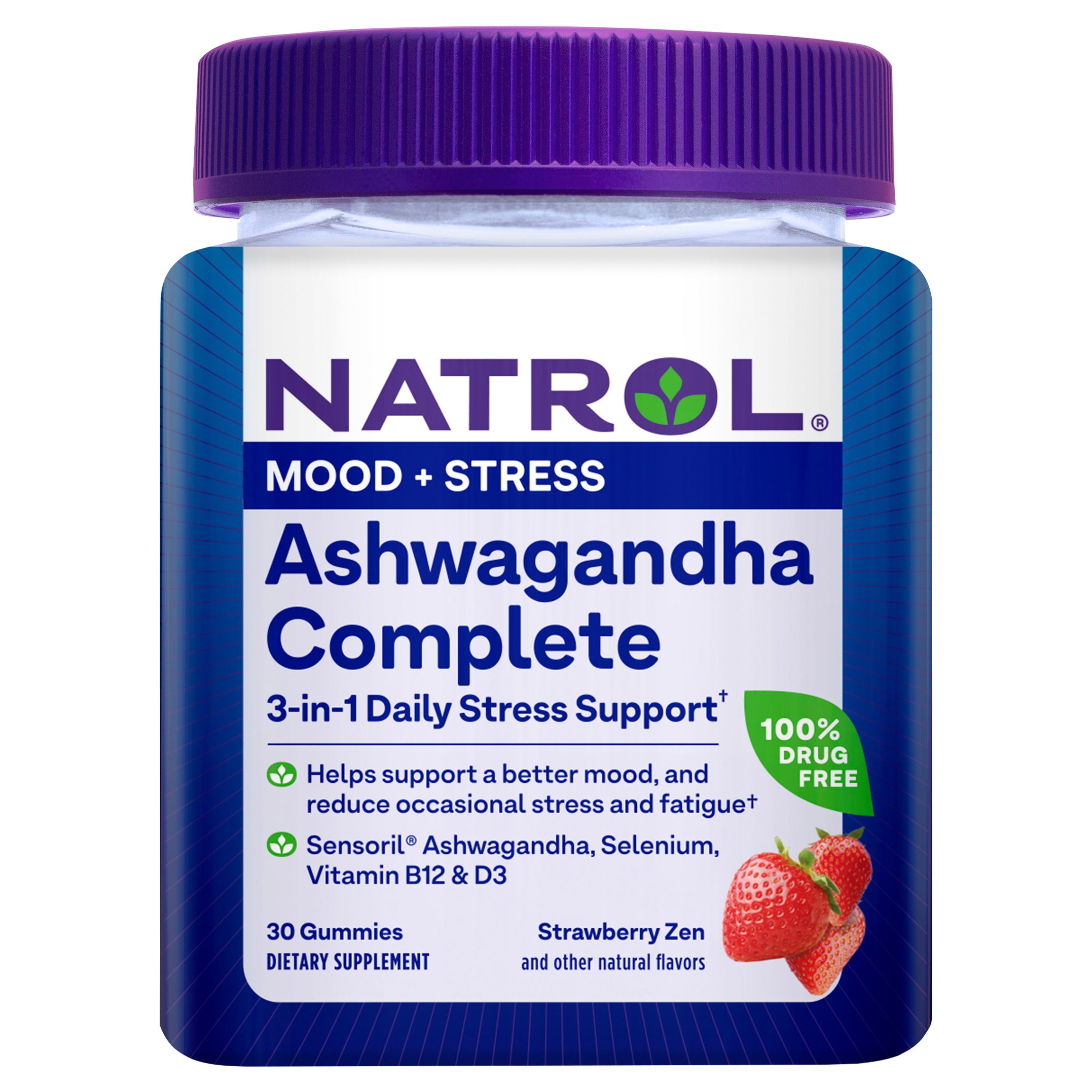 Natrol Ashwagandha Complete 3-in-1 Daily Stress Support, Dietary Supplement, 30 Strawberry Flavored Gummies - Case of 1