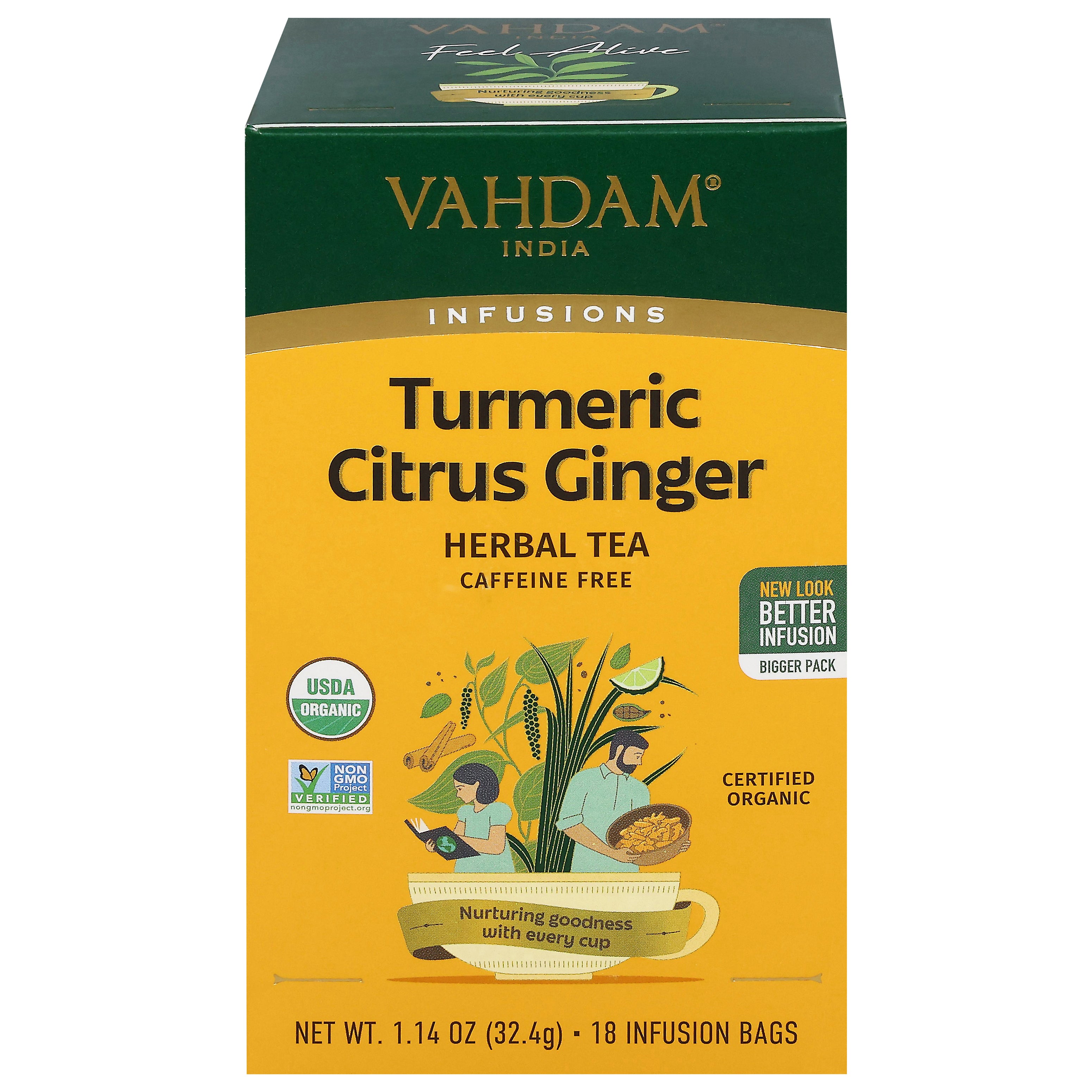 Vahdam Caffeine Free Infusions Turmeric Citrus Ginger Herbal Tea 18 Infusion Bags - Case of 6