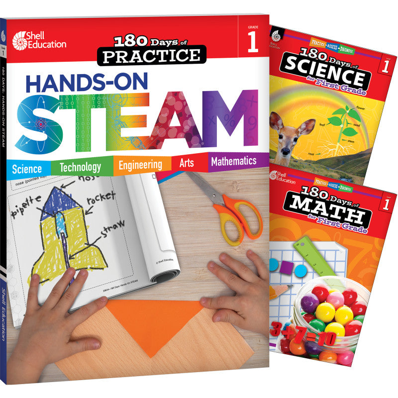 SHELL EDUCATION - 180 Days STEAM, Science, & Math Grade 1: 3-Book Set