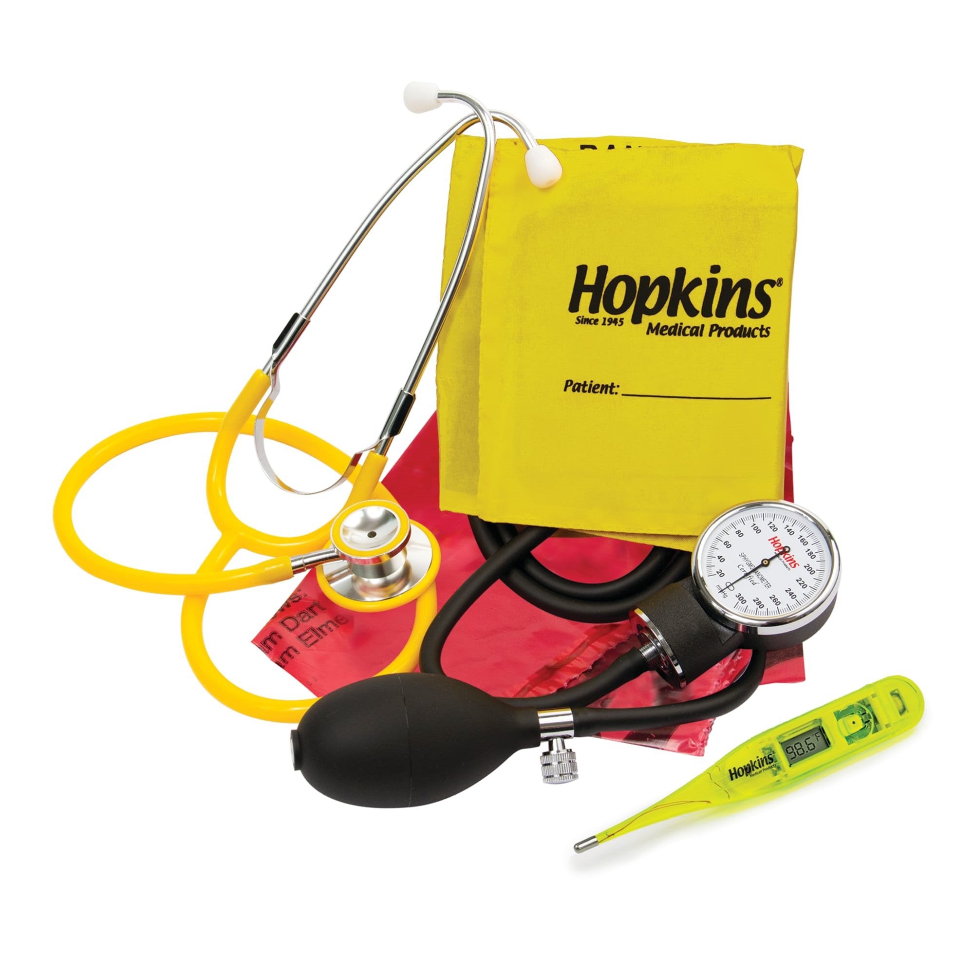 Hopkins Medical Products - Single Patient Use Vital Signs Kit with thermometer ISO Adult Cuff Dual Head Sprague Stethoscope Pocket Aneroid [1/EA]