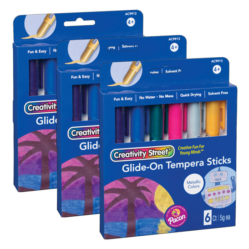 CREATIVITY STREET - Glide-On Tempera Paint Sticks, Metallic Colors, 5 grams, 6 Per Pack, 3 Packs