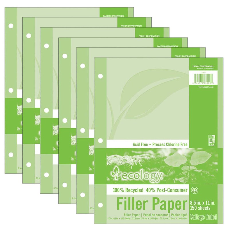ECOLOGY - Recycled Filler Paper, White, 3-Hole Punched, 9/32" Ruled w/ Margin 8-1/2" x 11", 150 Sheets Per Pack, 6 Packs