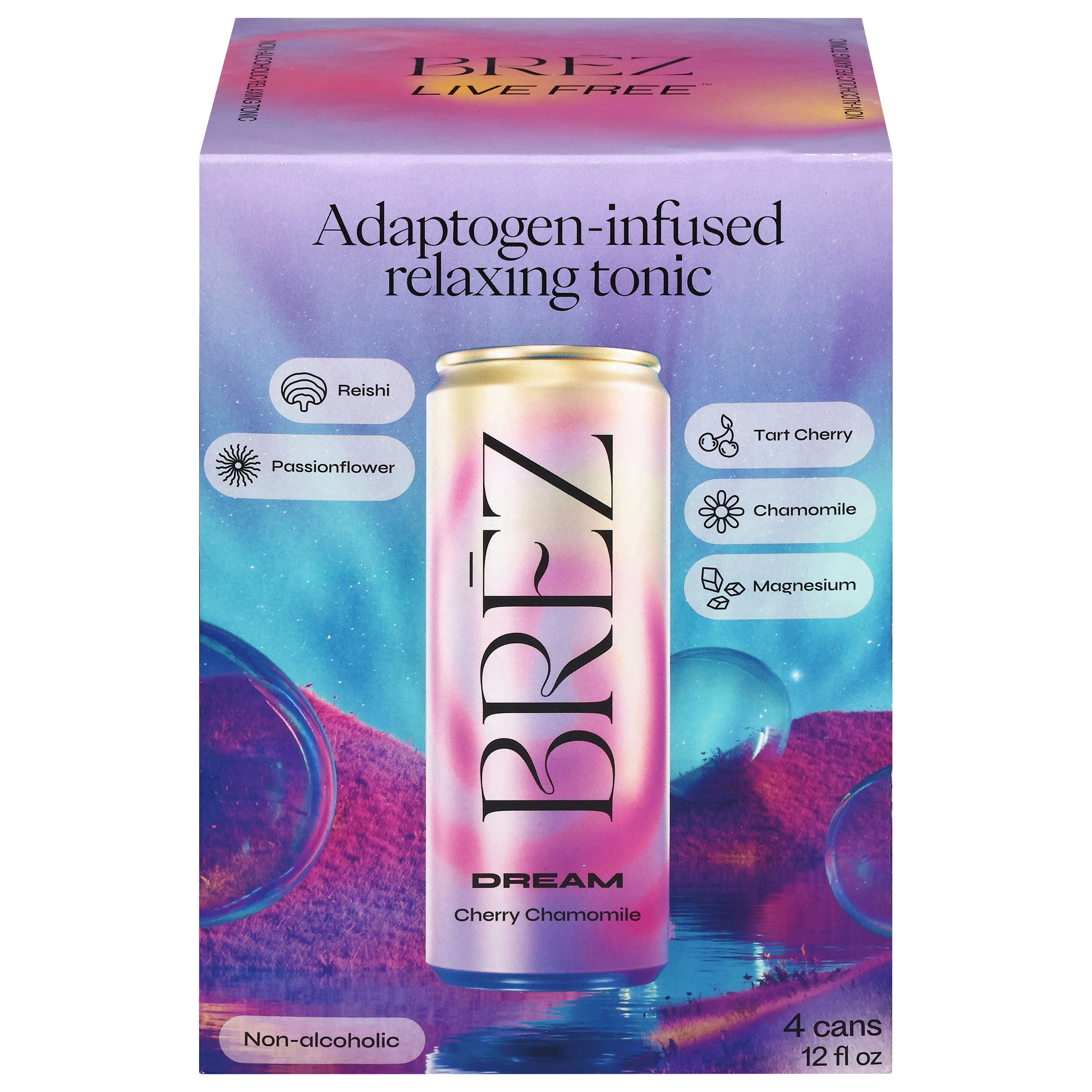 Brez Live Free Non-Alcoholic Relaxing Dream Cherry Chamomile Tonic 4 - 12 fl oz Cans - Case of 6