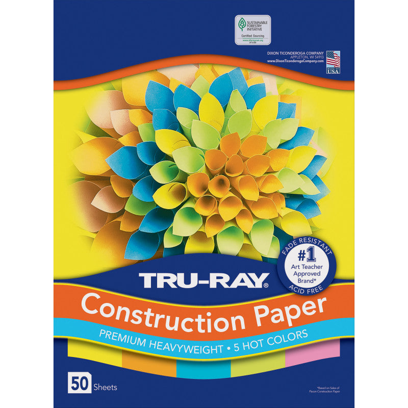 Construction Paper, Heavyweight, 5 Assorted Hot Colors, 9" x 12", 50 Sheets
