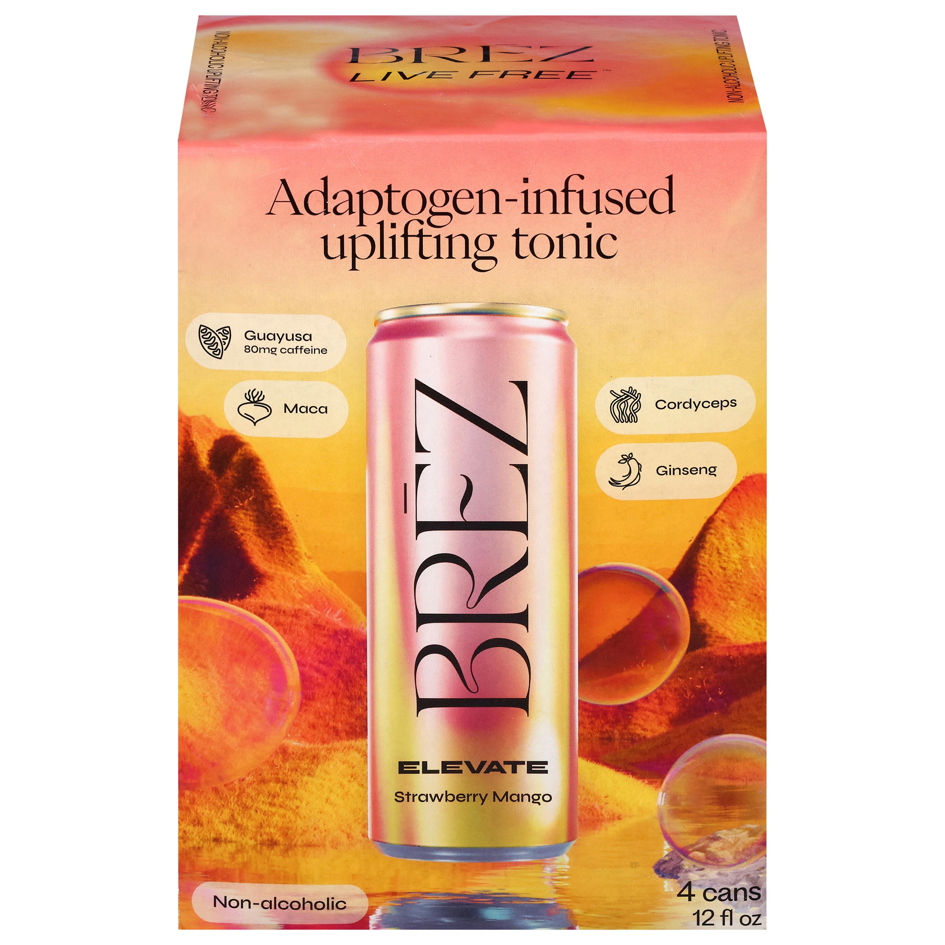 Brez Live Free Non-Alcoholic Uplifting Elevate Strawberry Mango Tonic 4 - 12 fl oz Cans - Case of 6