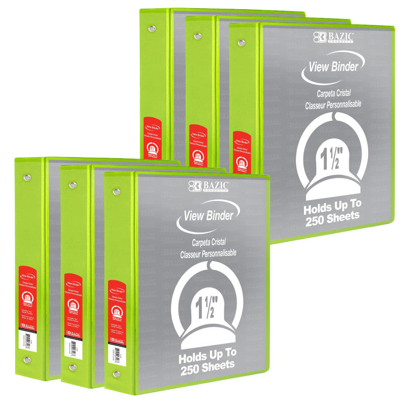 BAZIC PRODUCTS - 3-Ring View Binder with 2 Pockets, 1.5", Lime Green, Pack of 6