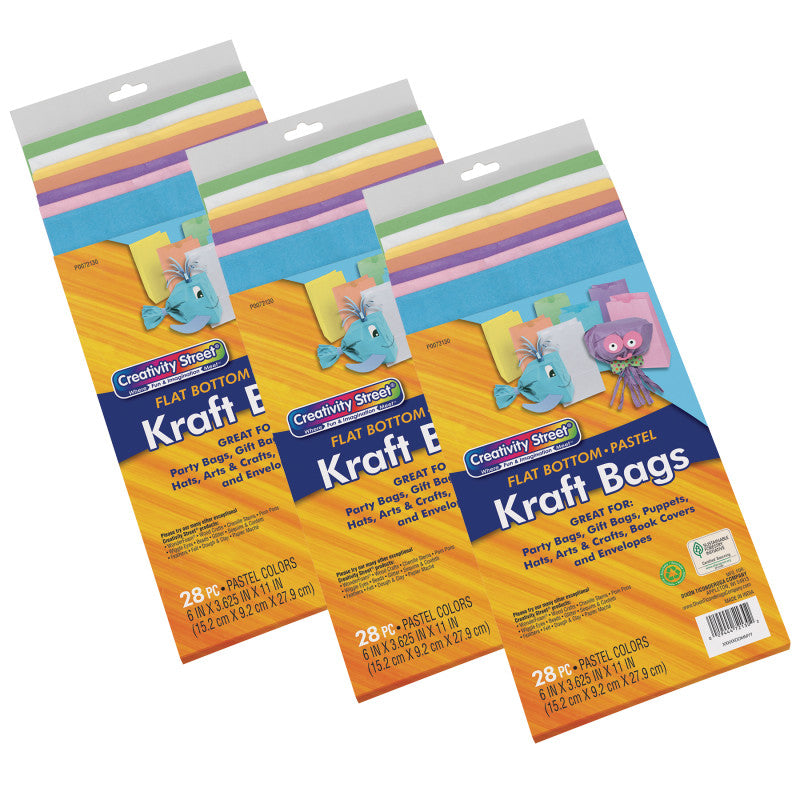 CREATIVITY STREET - Kraft Bag, Assorted Pastel Colors, 6" x 3-5/8" x 11", 28 Per Pack, 3 Packs