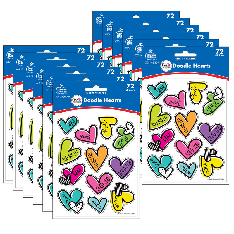 CARSON DELLOSA EDUCATION - Kind Vibes Doodle Hearts Shape Stickers, 72 Per Pack, 12 Packs