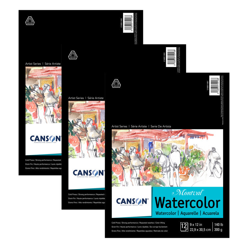 Artist Series Montval Watercolor Pad, Foldover Binding, Foldover Binding, 12 Sheet, 9x12 inch, Pack of 3