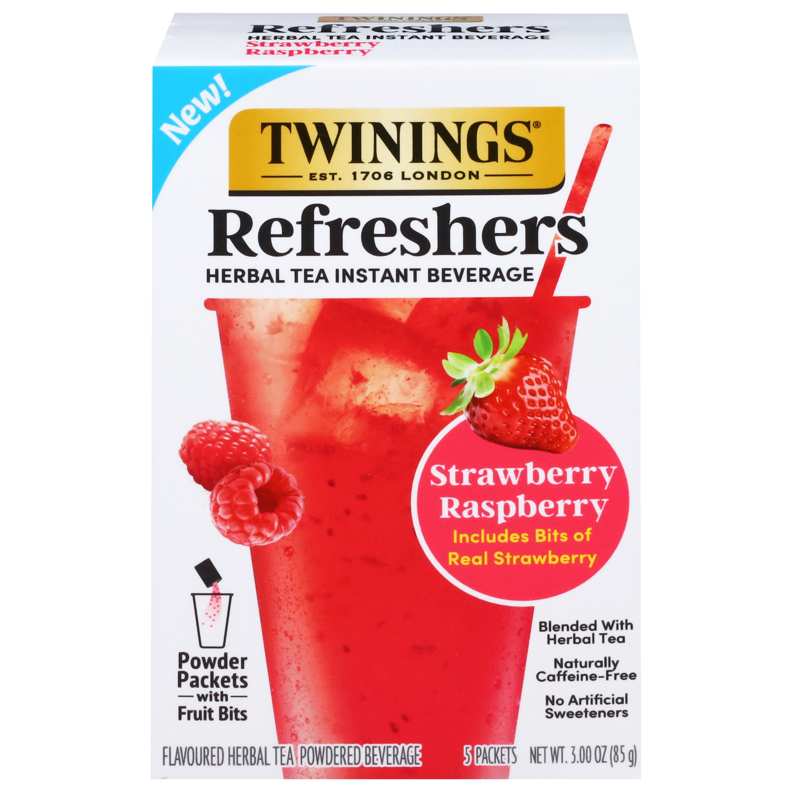 Twinings Refreshers Instant Beverage Strawberry Raspberry Herbal Tea 5 Packets - Case of 6