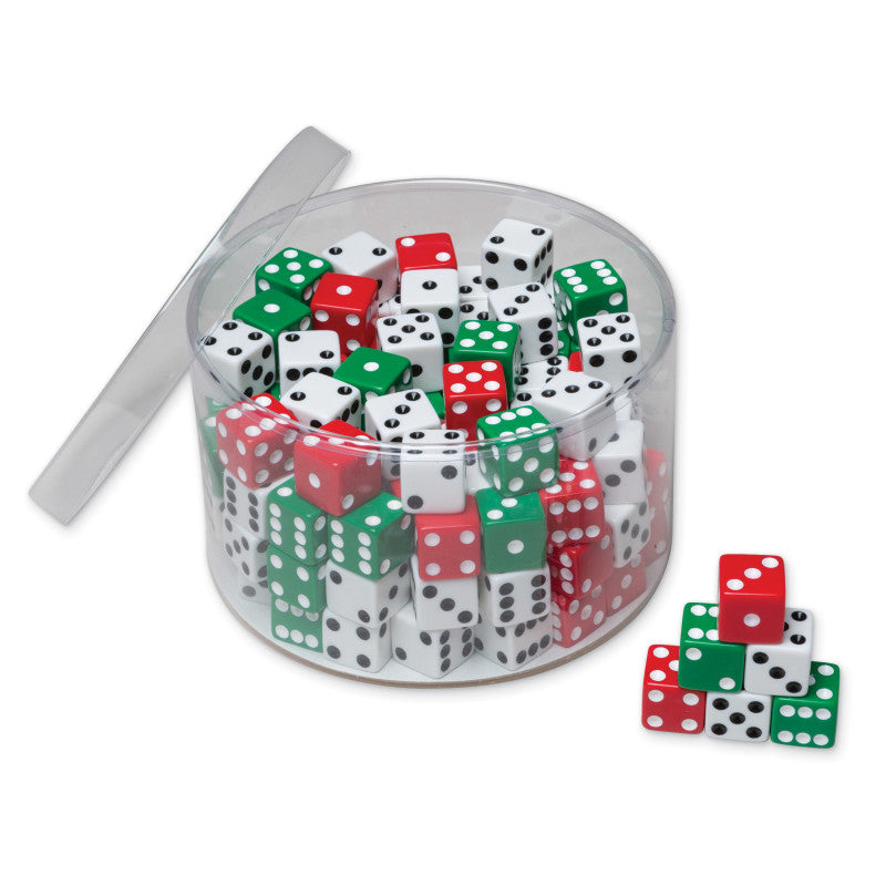 CREATIVITY STREET - Drum of Dice, Assorted Red, Green & White, 0.625" x 0.625", 144 Pieces