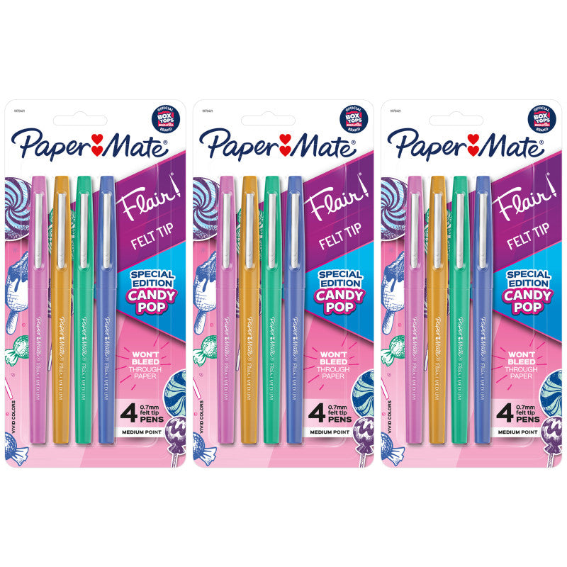 PAPER MATE - Flair Felt Tip Pens, Medium Point, Candy Pop Pack, 4 Per Pack, 3 Packs