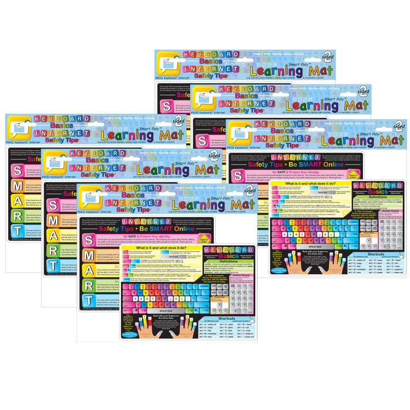 ASHLEY PRODUCTIONS - Smart Poly Learning Mat, 12" x 17", Double-Sided, Keyboard Basics & Internet Safety, Pack of 6