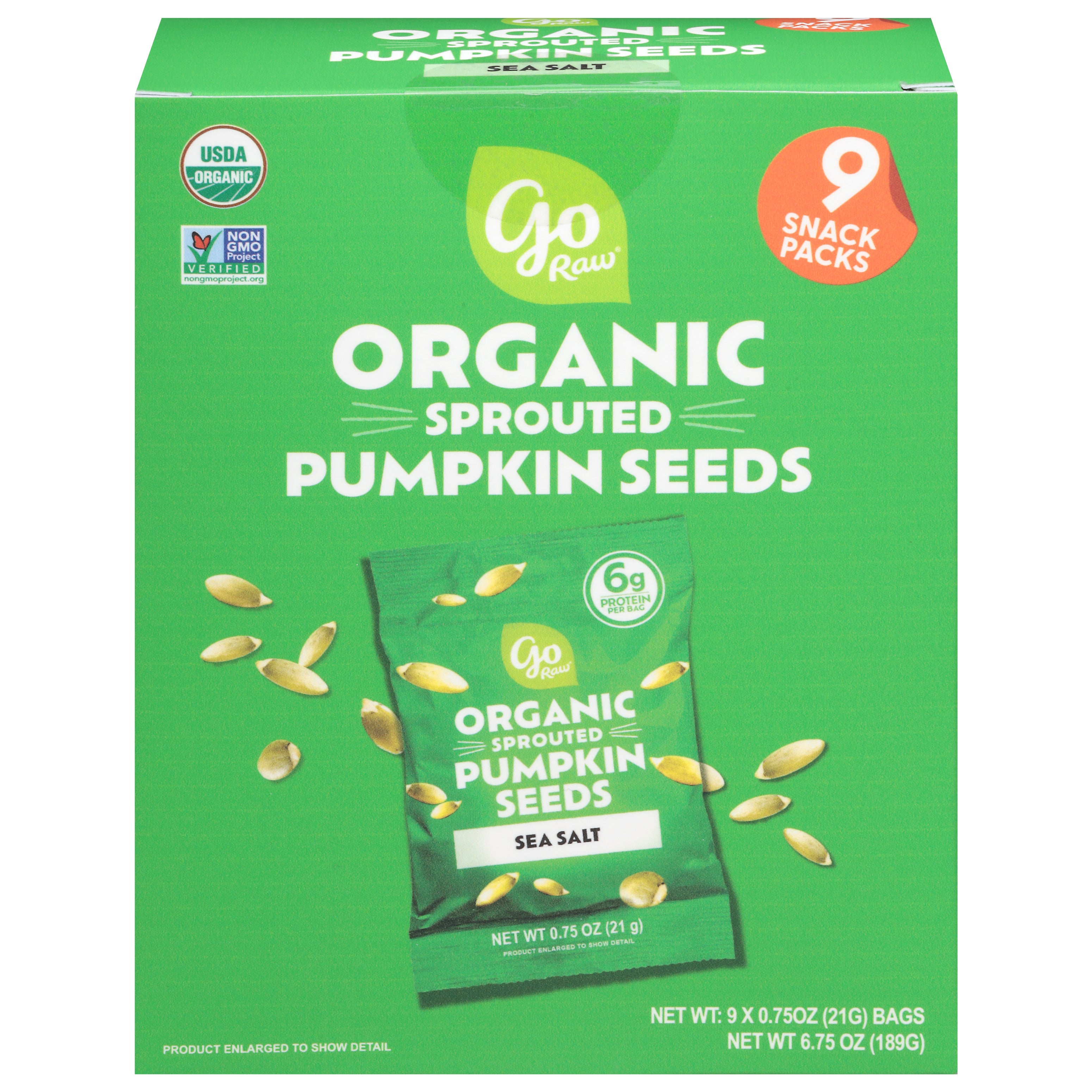 Go Raw Organic Sprouted Sea Salt Snack Packs Pumpkin Seeds 9 - 0.75 oz Bags - Case of 6