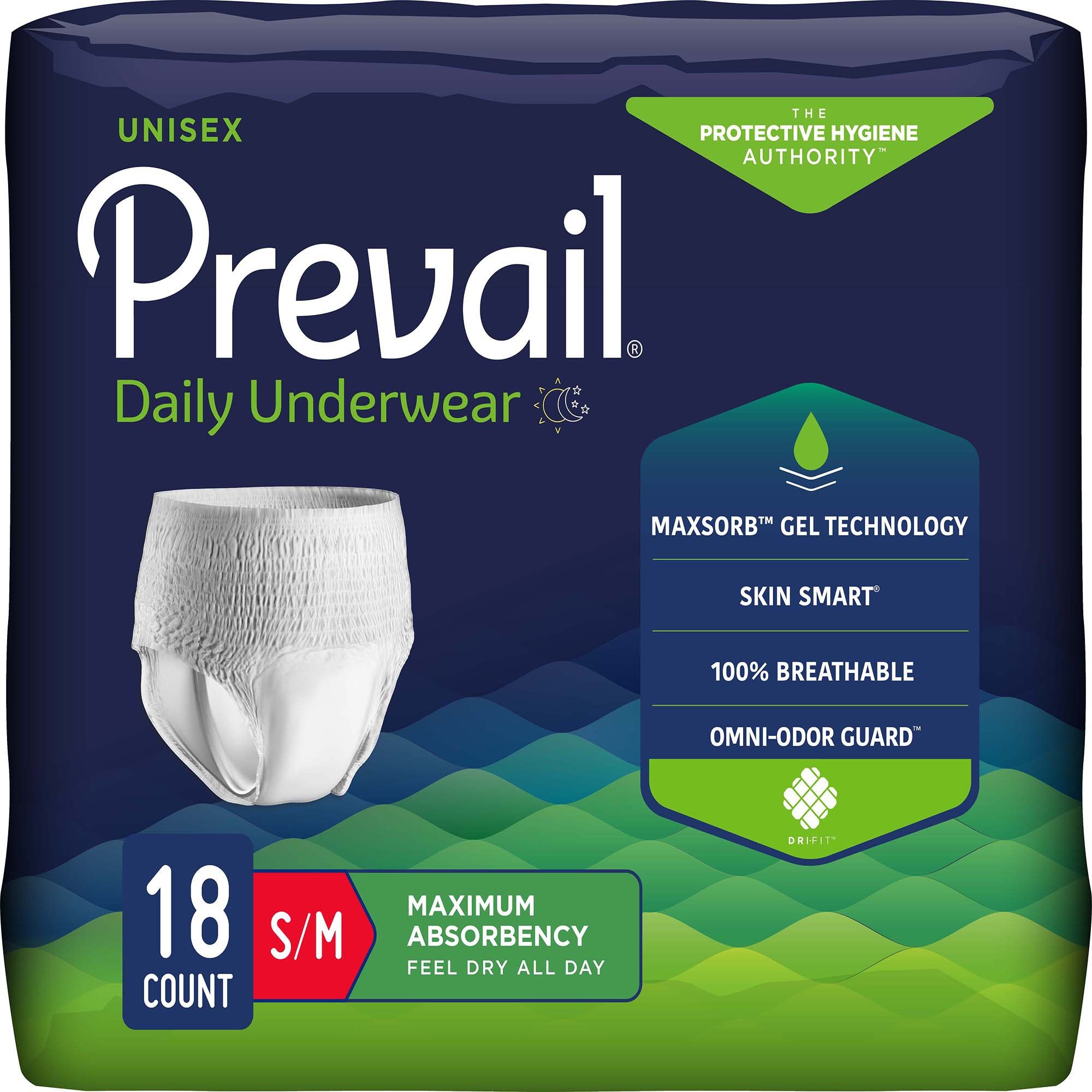 First Quality - Unisex Adult Absorbent Underwear Prevail® Daily Underwear Maximum Pull On with Tear Away Seams Small / Medium Disposable Heavy Absorbency [18/PK]