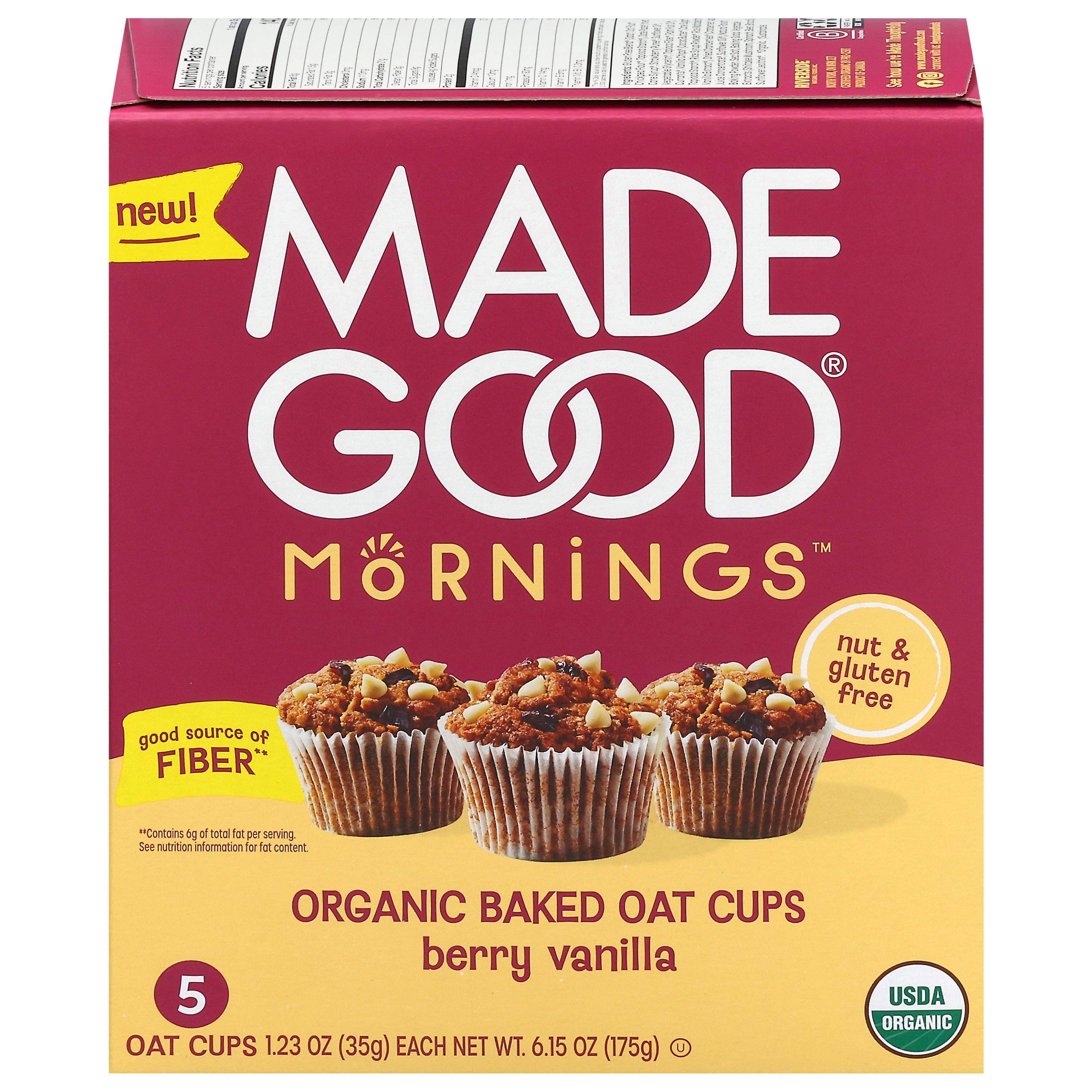 MadeGood Mornings Organic Baked Berry Vanilla Oat Cups 5 - 1.23 oz Cups - Case of 5