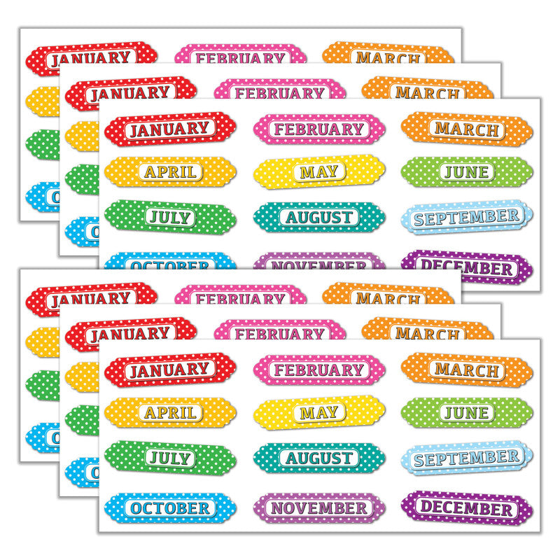 ASHLEY PRODUCTIONS - Magnetic Die-Cut Timesavers & Labels, Months of the Year, White Polka Dots On Assorted Colors, 12 Per Pack, 6 Packs