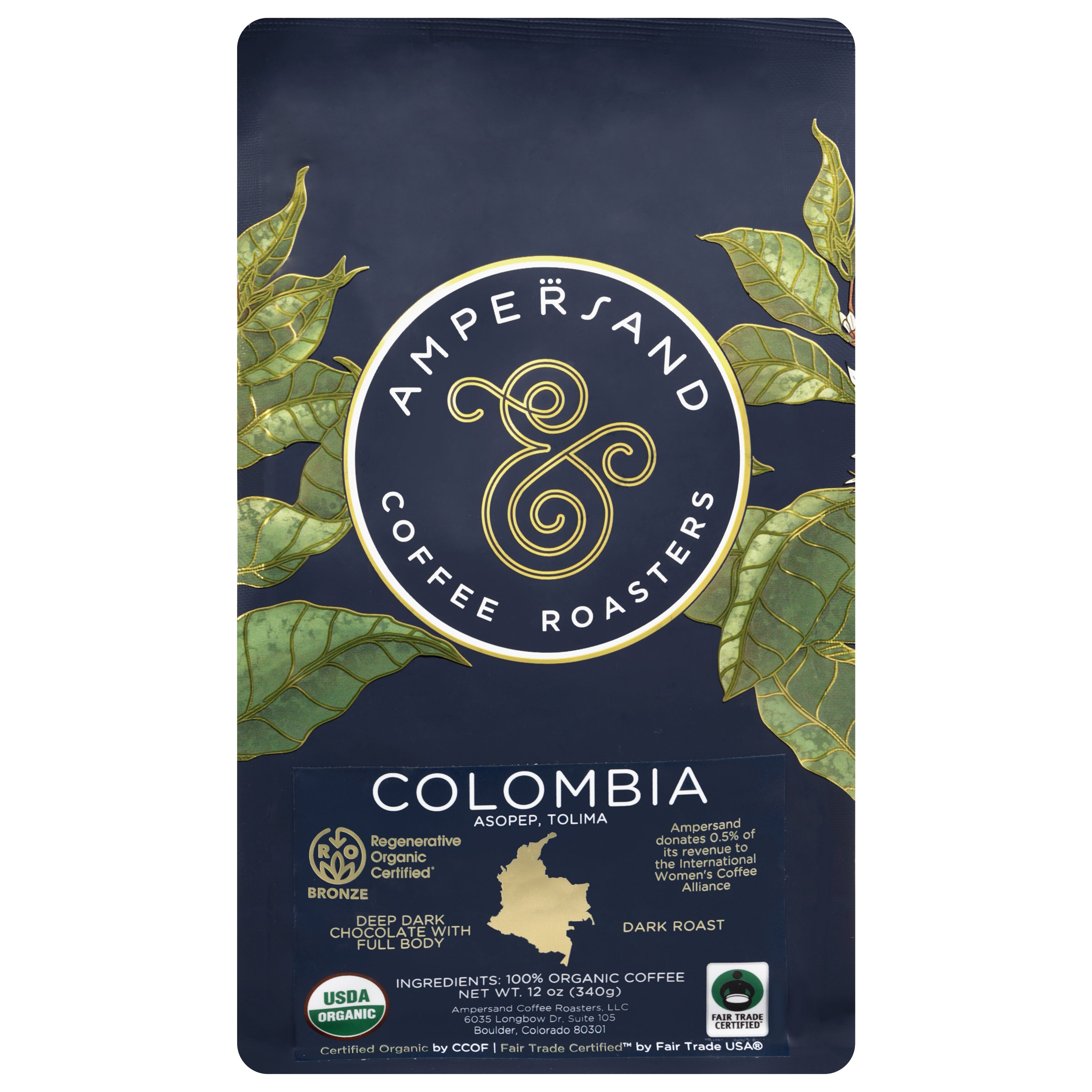 Ampersand Coffee Roasters Whole Bean Dark Roast Colombia Coffee 12 oz - Case of 6