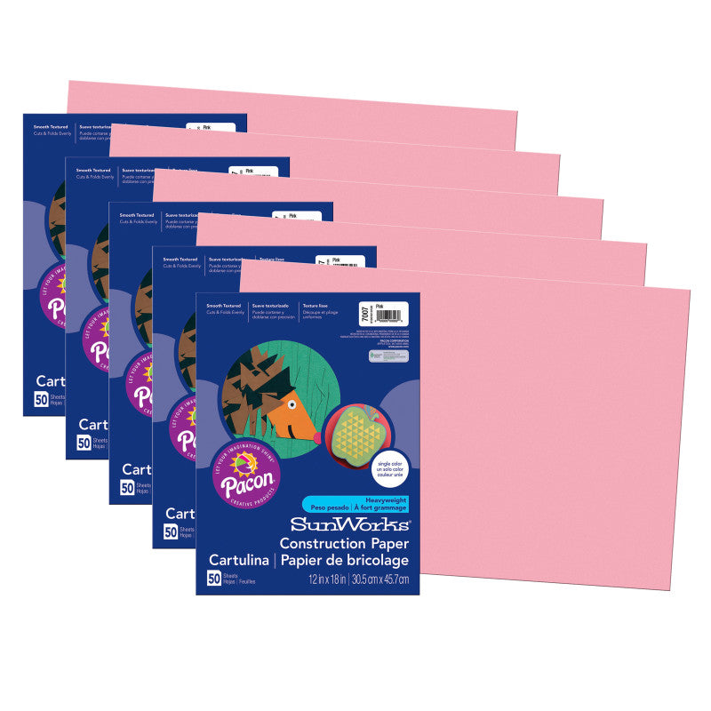 PRANG - Construction Paper, Pink, 12" x 18", 50 Sheets Per Pack, 5 Packs (PAC7007-5)
