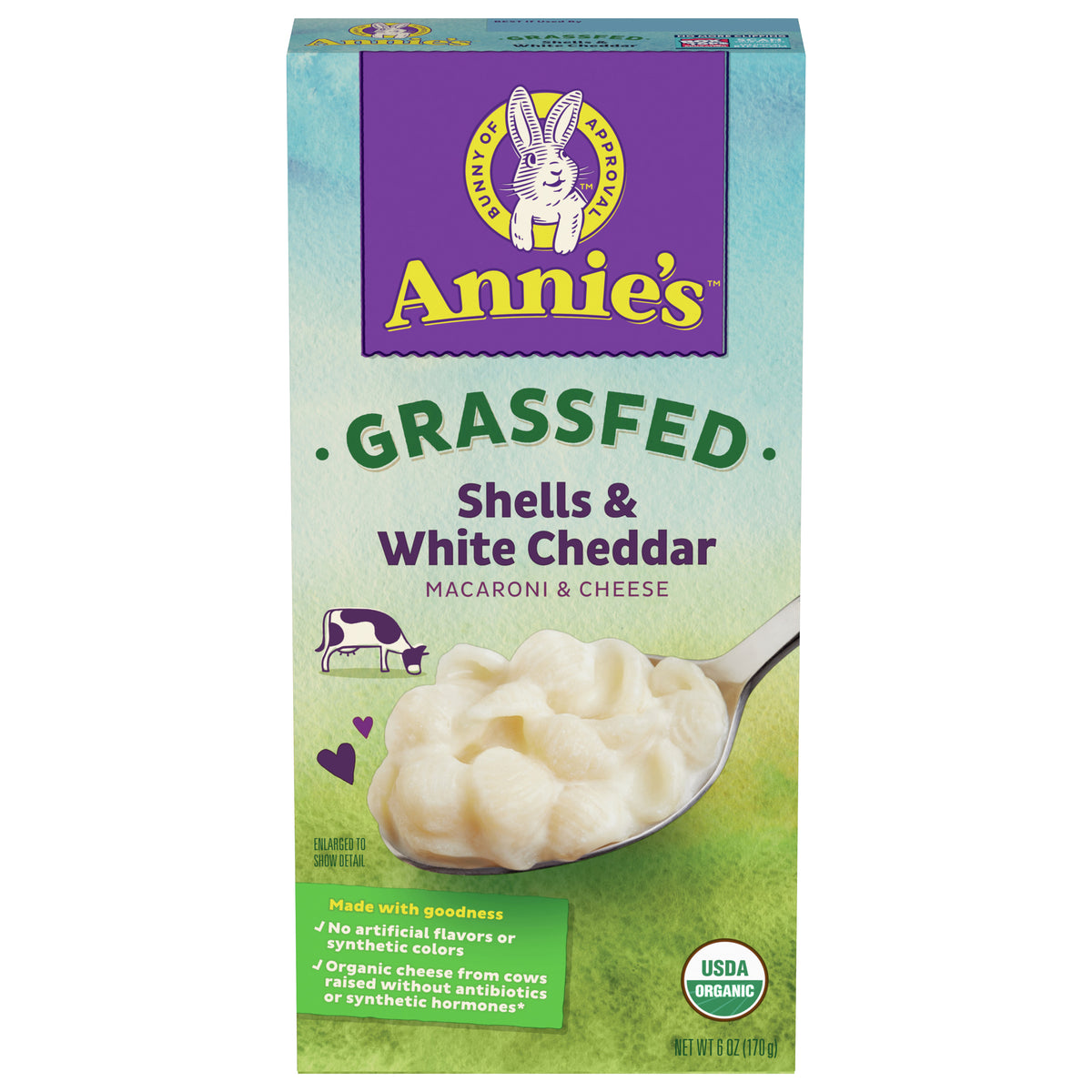 Annie's Organic Macaroni and Cheese, Shells and White Cheddar, Grassfed, 6 oz - Case of 12