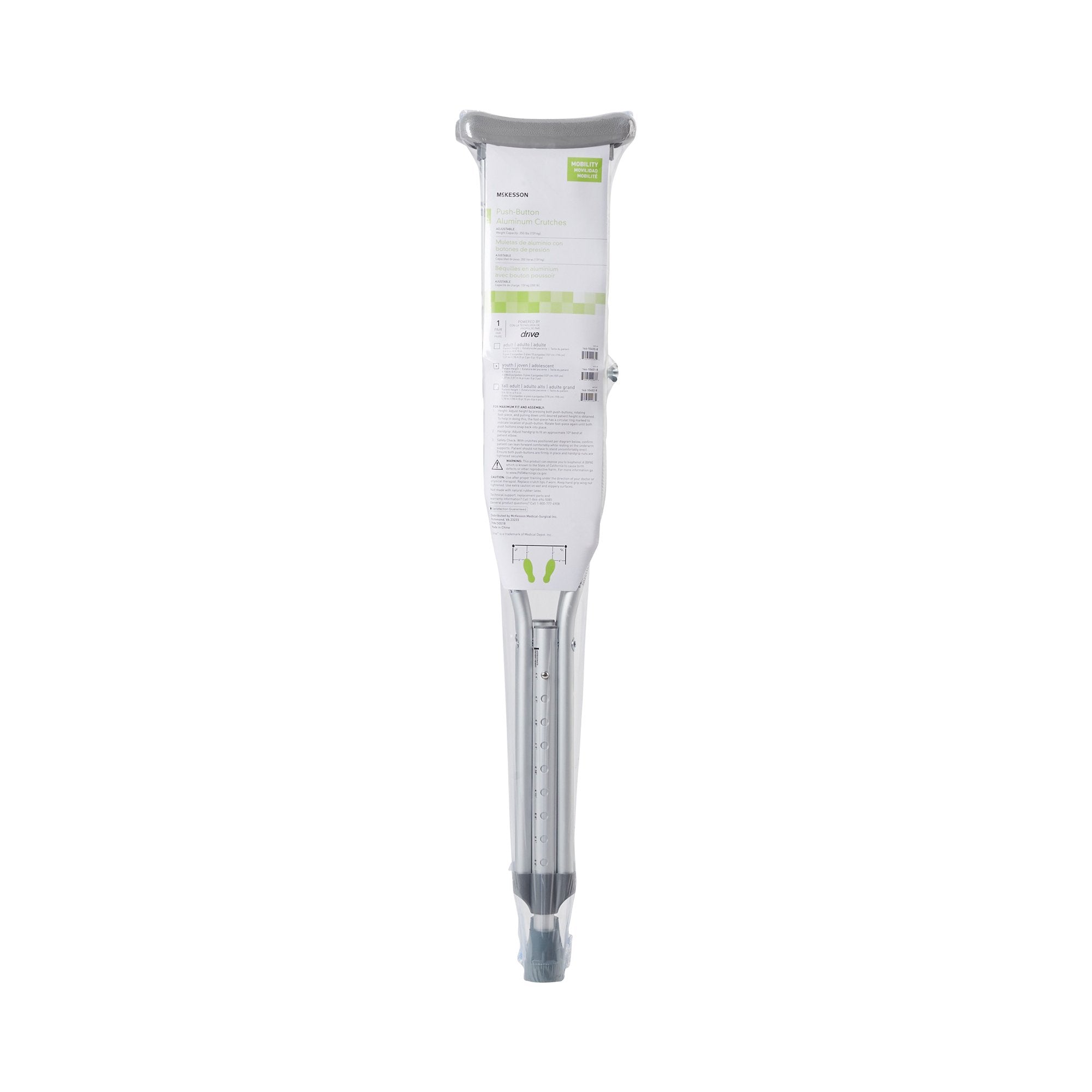 McKesson Brand - Underarm Crutches McKesson Youth 4 Foot 6 Inch to 5 Foot 2 Inch User Height Aluminum Frame 350 lbs. Weight Capacity [8/CS]