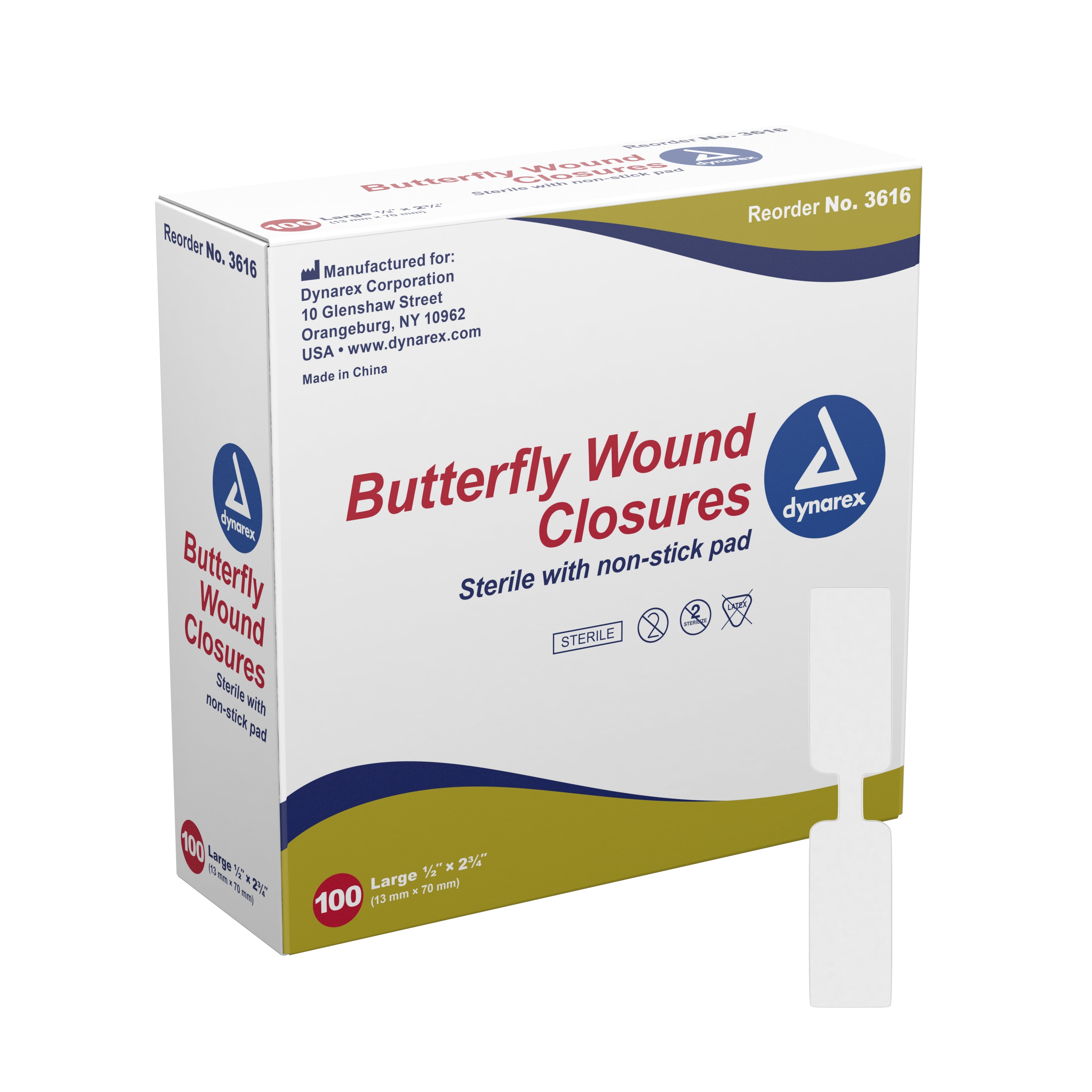 Dynarex - Skin Closure Strip Secure Strip™ 1/2 X 2-3/4 Inch Plastic Butterfly Closure White [100/BX]