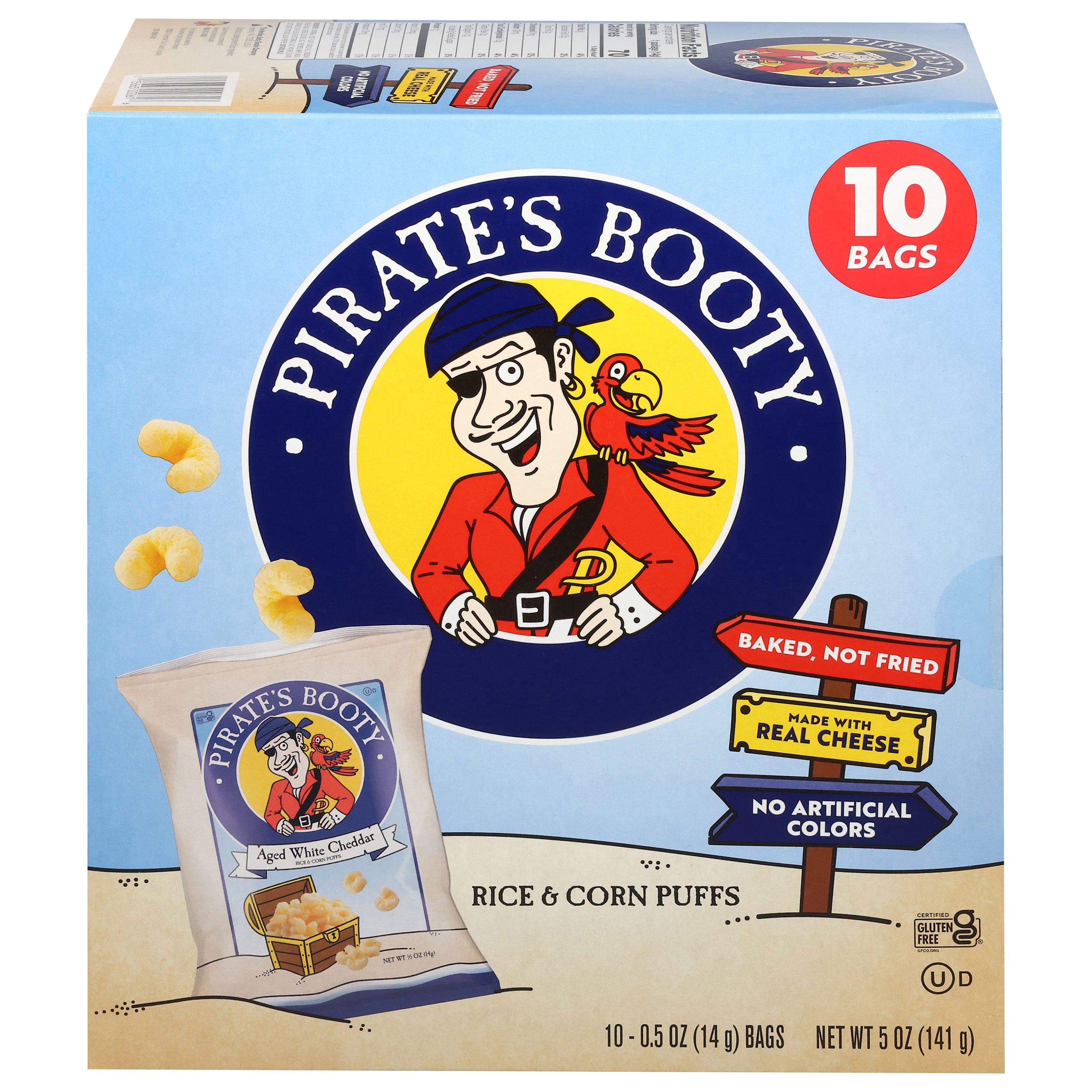 Pirate's Booty Aged White Cheddar Rice & Corn Puffs 10 - 0.5 oz Bags - Case of 4