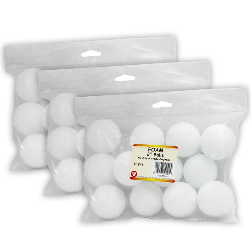 HYGLOSS - Craft Foam Balls, 2 Inch, White, 12 Per Pack, 3 Packs