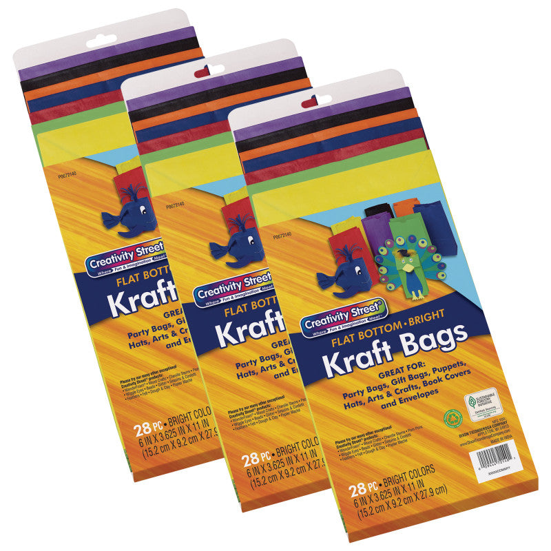 CREATIVITY STREET - Kraft Bag, Assorted Bright Colors, 6" x 3-5/8" x 11", 28 Per Pack, 3 Packs