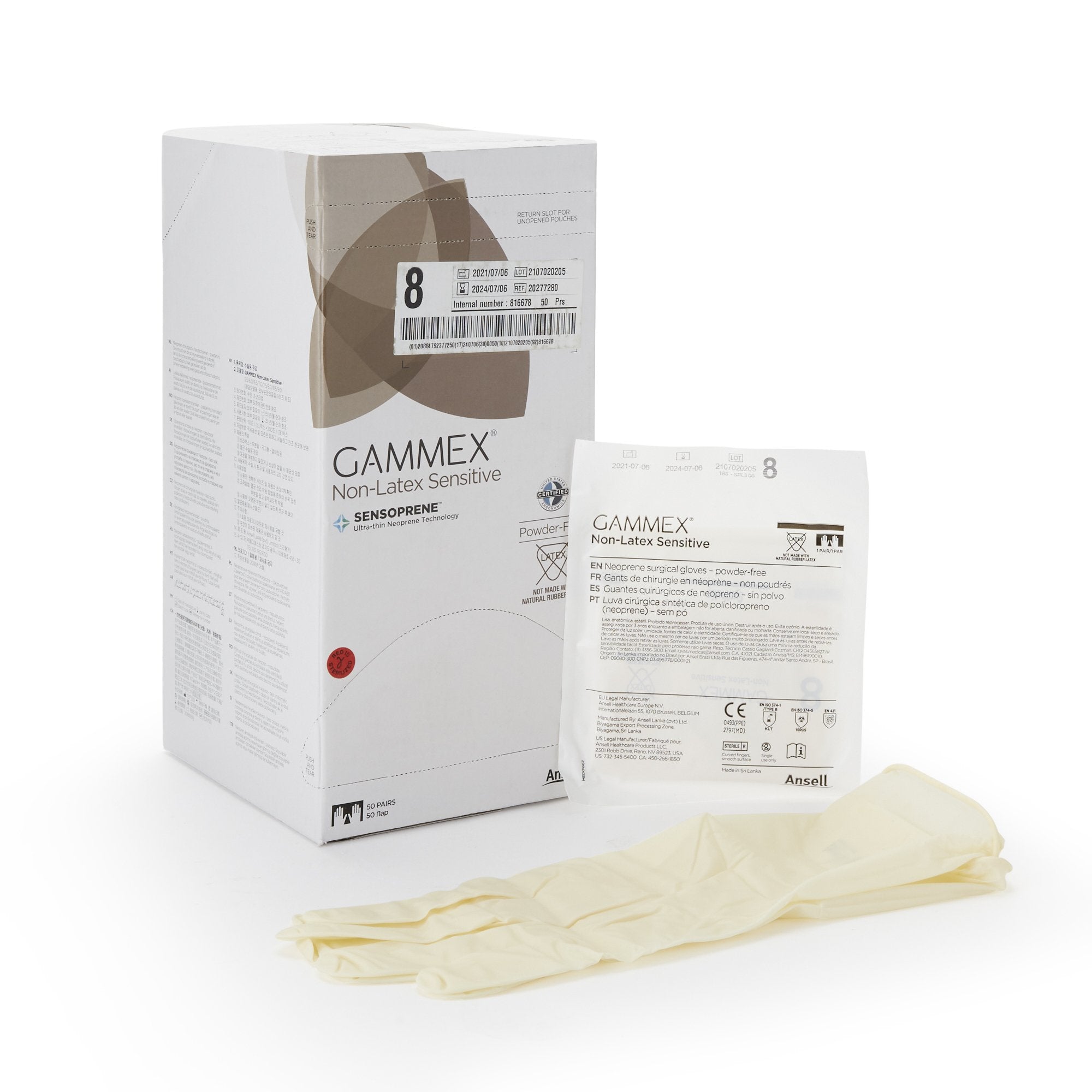 Ansell - Surgical Glove GAMMEX® Non-Latex Sensitive Size 8 Sterile Polychloroprene Standard Cuff Length Micro-Textured Cream Chemo Tested [50/BX]